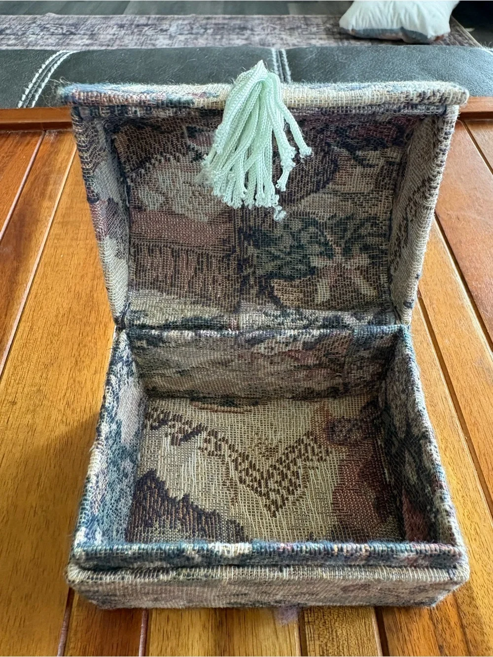 Vintage Tapestry Jewelry Box with Pattern and Tassel Closure